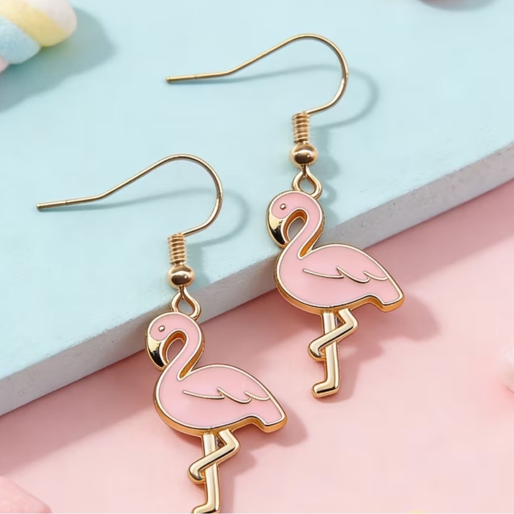 Pink Flamingo Dangle Earrings - Gold Tone